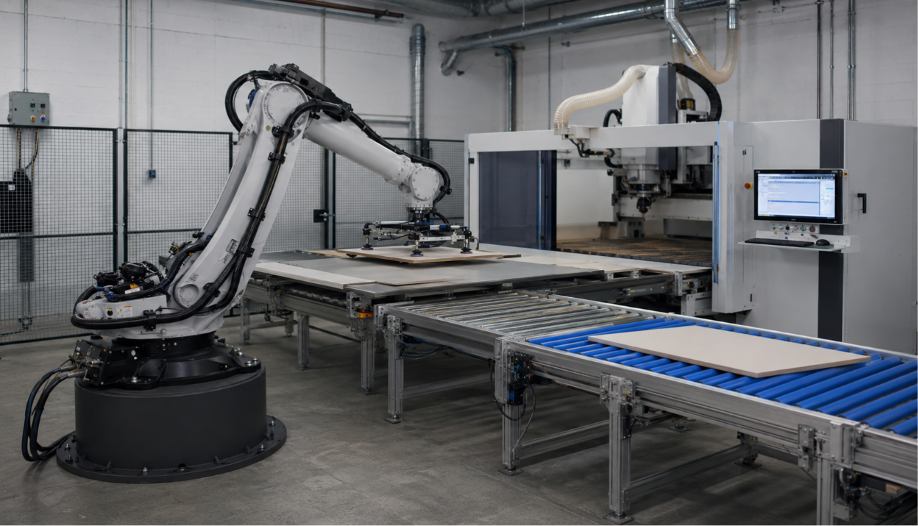 robotic arms loading material to be processed